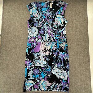 Cache Ruched Wrap Dress Sz 14 Knee Length Purple‎ Blue Black Floral Paisley